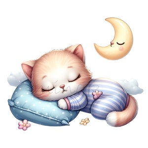 12 PNG Cute Sleeping Kitten Clipart, Baby Cat in Pajamas PNG, Cartoon Cat on Pillow with Moon, Nursery Wall Art