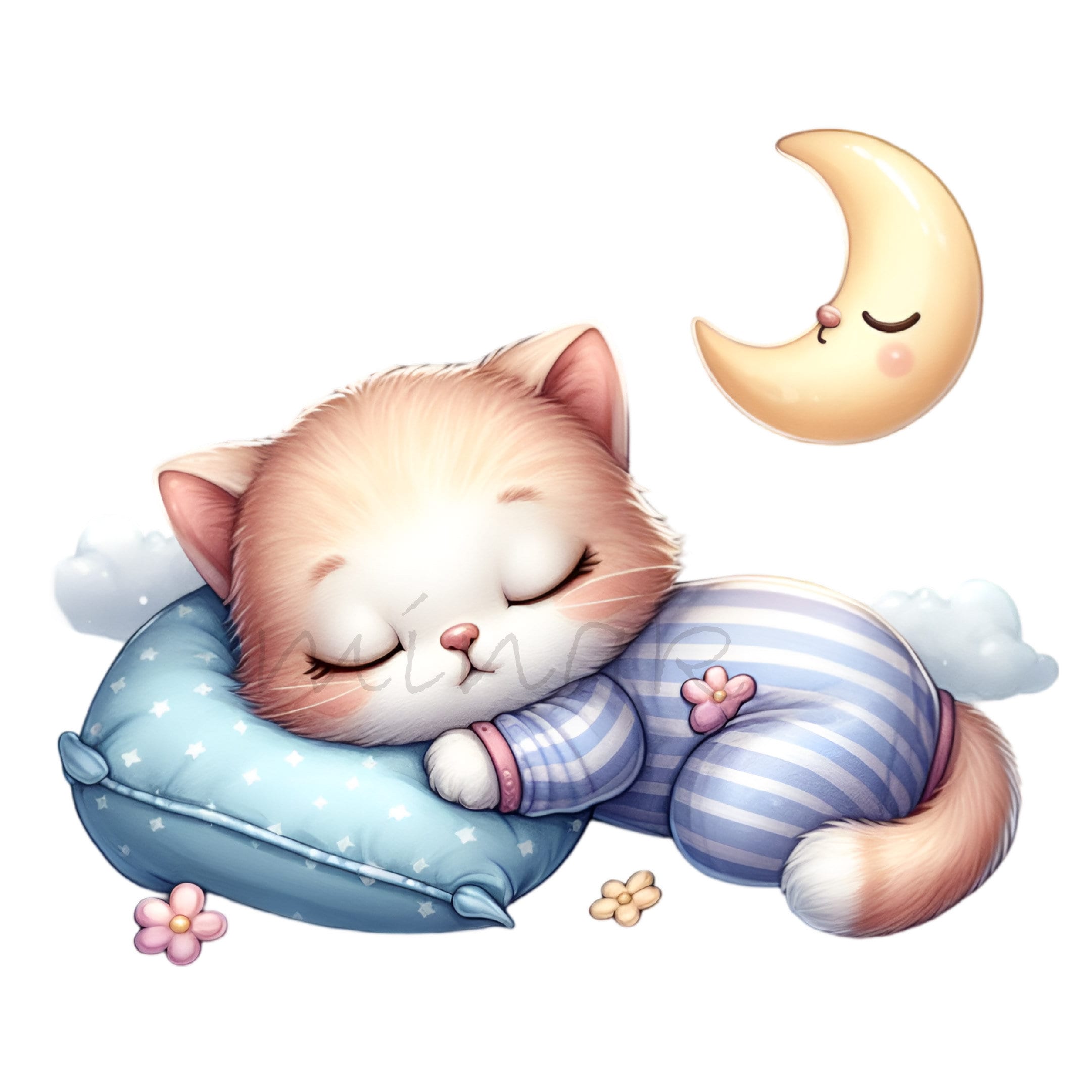 12 PNG süße schlafende Kätzchen Clipart, Baby Katze im Pyjama PNG, Cartoon Katze auf Kissen mit Mond, Kinderzimmer Wandkunst