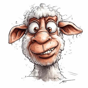 May include: A cartoon sheep with white fur and a brown face. The sheep has a wide smile and large, round eyes. The sheep's tongue is sticking out slightly.