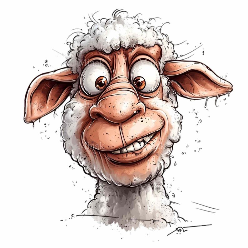 May include: A cartoon sheep with white fur and a brown face. The sheep has a wide smile and large, round eyes. The sheep's tongue is sticking out slightly.
