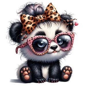 10 Cute Panda PNG Clipart with Leopard Bow and Glasses, Adorable Panda Art for Sublimation, Kids Animal Download