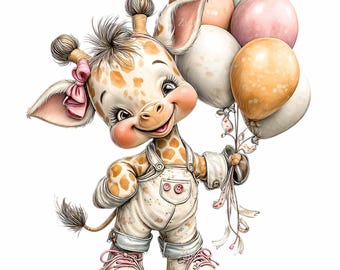 12 PNG Giraffe Watercolor Birthday Balloons Clipart, Safari Animal Digital File