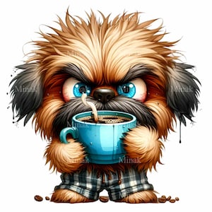 10 Grumpy Dog with Coffee PNG Clipart, Tired Pup in Pajamas Holding Mug, Funny Morning Animal Art, Digital Download