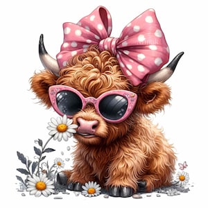 12 PNG vache Highland PNG Clipart, vache mignonne avec noeud rose à pois, art vache marguerite fleur, décoration de chambre de fille