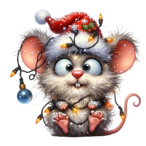14 PNG Luci Natalizie Topo - Carino Topo Natalizio PNG Clipart - Cappello da Babbo Natale Inverno Animale Domestico Arte per Biglietti, Lavoretti per Bambini, Sublimazione