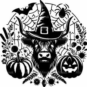 5 archivos SVG de corte de bruja de vaca de las Tierras Altas, clipart de animales de granja de calabaza de Halloween para Cricut, diseño otoñal espeluznante para manualidades