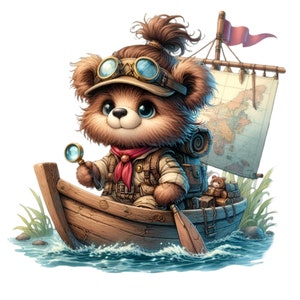 12 PNG Bär als kleine Abenteurer im Boot mit Karte und Lupe – Kinder Cliparts für wilde Reise Bastelprojekte