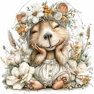 May include: A whimsical illustration of a smiling, light brown rodent wearing a floral crown and white romper. The rodent is surrounded by white and yellow flowers and greenery, creating a soft, inviting aesthetic. The image has a watercolor style.