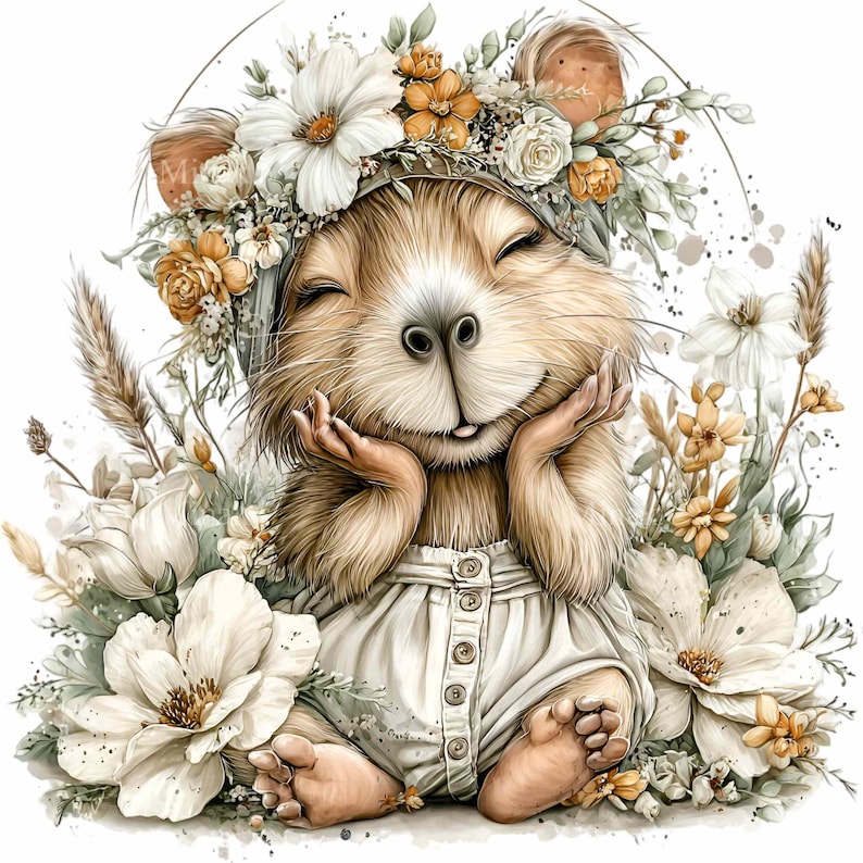 May include: A whimsical illustration of a smiling, light brown rodent wearing a floral crown and white romper. The rodent is surrounded by white and yellow flowers and greenery, creating a soft, inviting aesthetic. The image has a watercolor style.