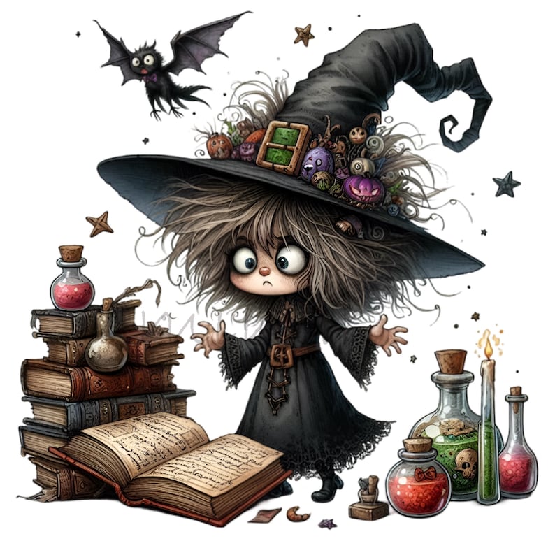 May include: A young witch with brown hair and big eyes wearing a black dress and a pointed black hat decorated with various Halloween-themed items. She is standing in front of a stack of books and several bottles of potion.