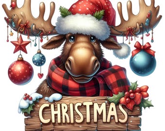 10 Weihnachtselche (PNG), festliche Geweihornamente, Holzschild, karierter Schal (Clipart)