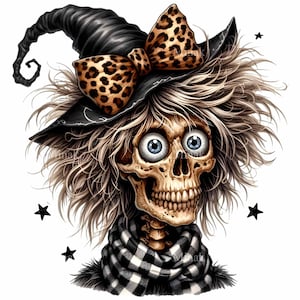 Può includere: Un'illustrazione di Halloween fantasiosa di uno scheletro che indossa un cappello da strega nero con un fiocco a stampa leopardata e una sciarpa a scacchi bianchi e neri. Lo scheletro ha grandi occhi blu e un ampio sorriso.