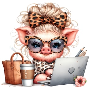 Schwein Clipart PNG, Kaffee Clip Art, 10 Aquarell niedliche Ferkel auf dem Bauernhof, Leopardenmuster Bogen, bedruckbar, Pastell niedliches Babyschwein, DIY Kartenherstellung