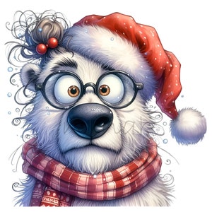 14 Funny Polar Bear PNG Clipart, Christmas Animal with Glasses and Santa Hat, Cute Winter Character for Sublimation, Cards & Crafts