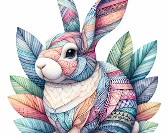 10 PNG Patterned Rabbit, Abstract Geometric Bunny Clipart, Colorful Mandala