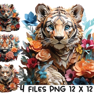 3D Tiger Clipart PNG Pakiet 3D Kwiaty Cyfrowe Drukowane Sublimacja