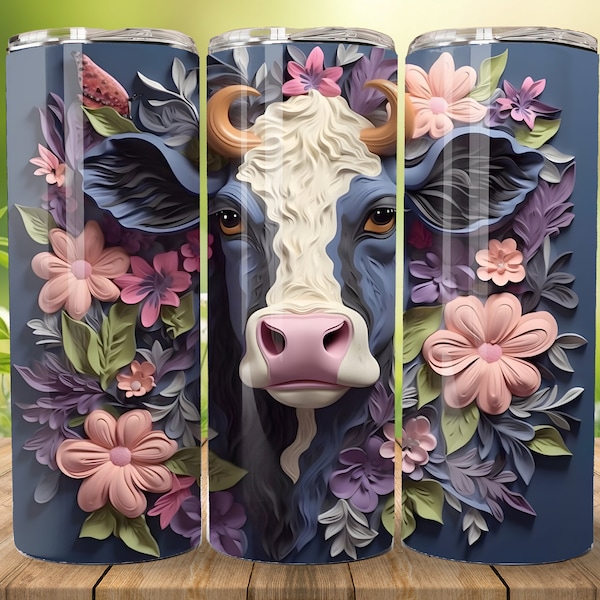 3D Cow Tumbler Wrap PNG Flowers Sublimation