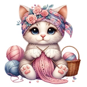 Clipart chaton à tricoter, 10 chats mignons avec des fleurs et du fil, art numérique PNG pour travaux manuels et scrapbooking