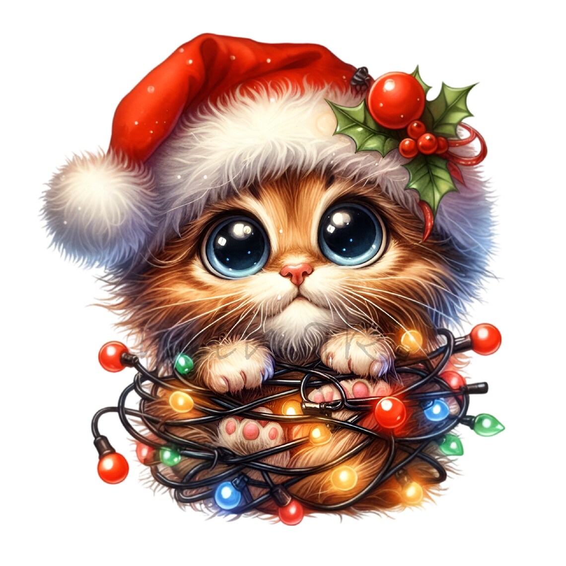 10 PNG Cute Christmas Kitten Clipart, Santa Hat Cat With Lights, Red ...