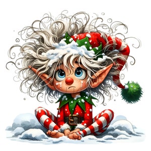 15 imágenes PNG de elfos navideños gruñones. Elfo nevado. Dibujos animados navideños divertidos para manualidades, tarjetas y diseños de sublimación de invierno.