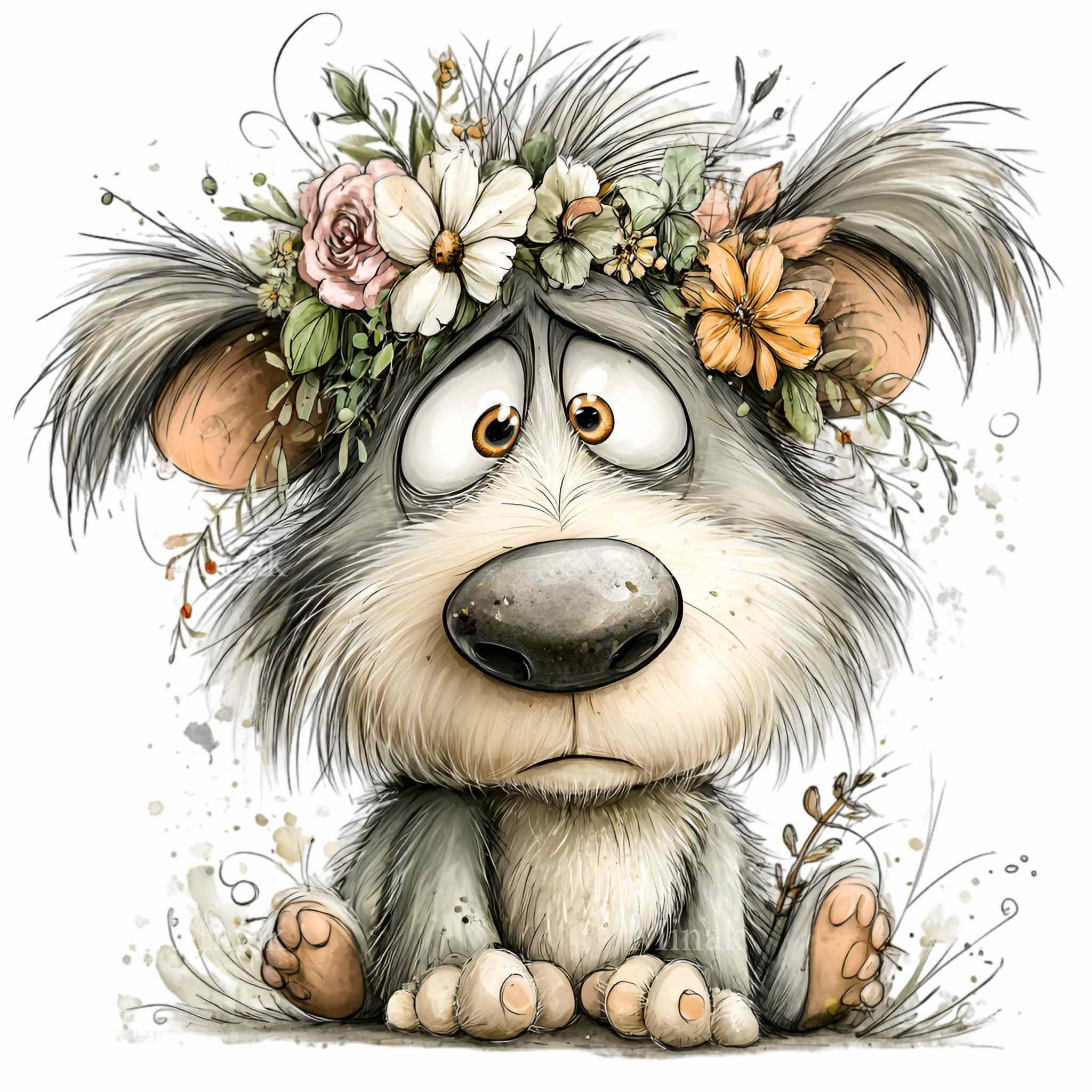 15 PNG Floral Dog Clipart – Funny Puppy PNG Illustration – Cute Fluffy ...