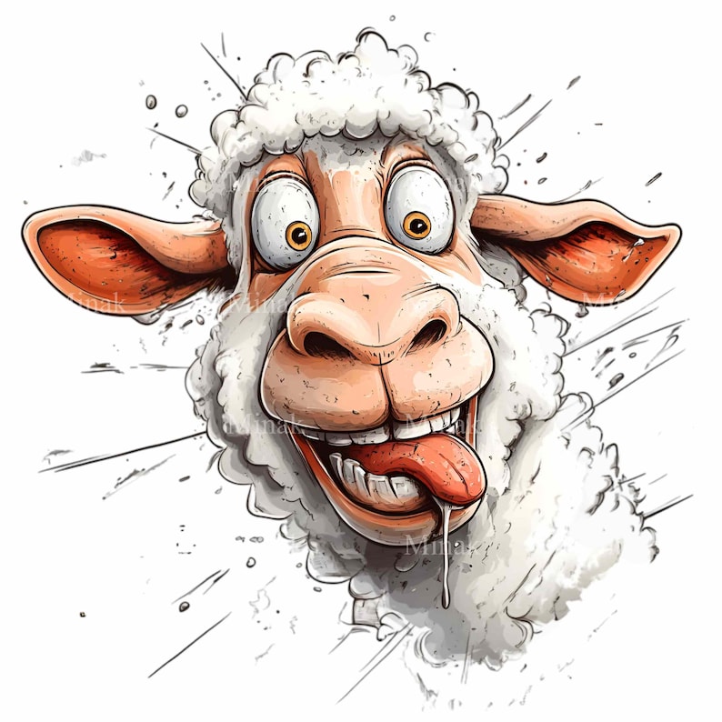 May include: A cartoon sheep with white fur and a pink nose is sticking its tongue out. The sheep has a surprised expression with wide eyes and a big smile. The background is white with black lines radiating out from the sheep.