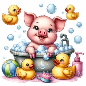 12 lechones PNG en un baño de burbujas con patitos de goma PNG Clipart, descarga digital, ilustración de animales lindos