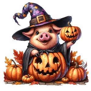 14 PNG Witch Pig Halloween Clipart – Pumpkin pig PNG – Cute autumn animal illustration for kids crafts, shirts, party decor