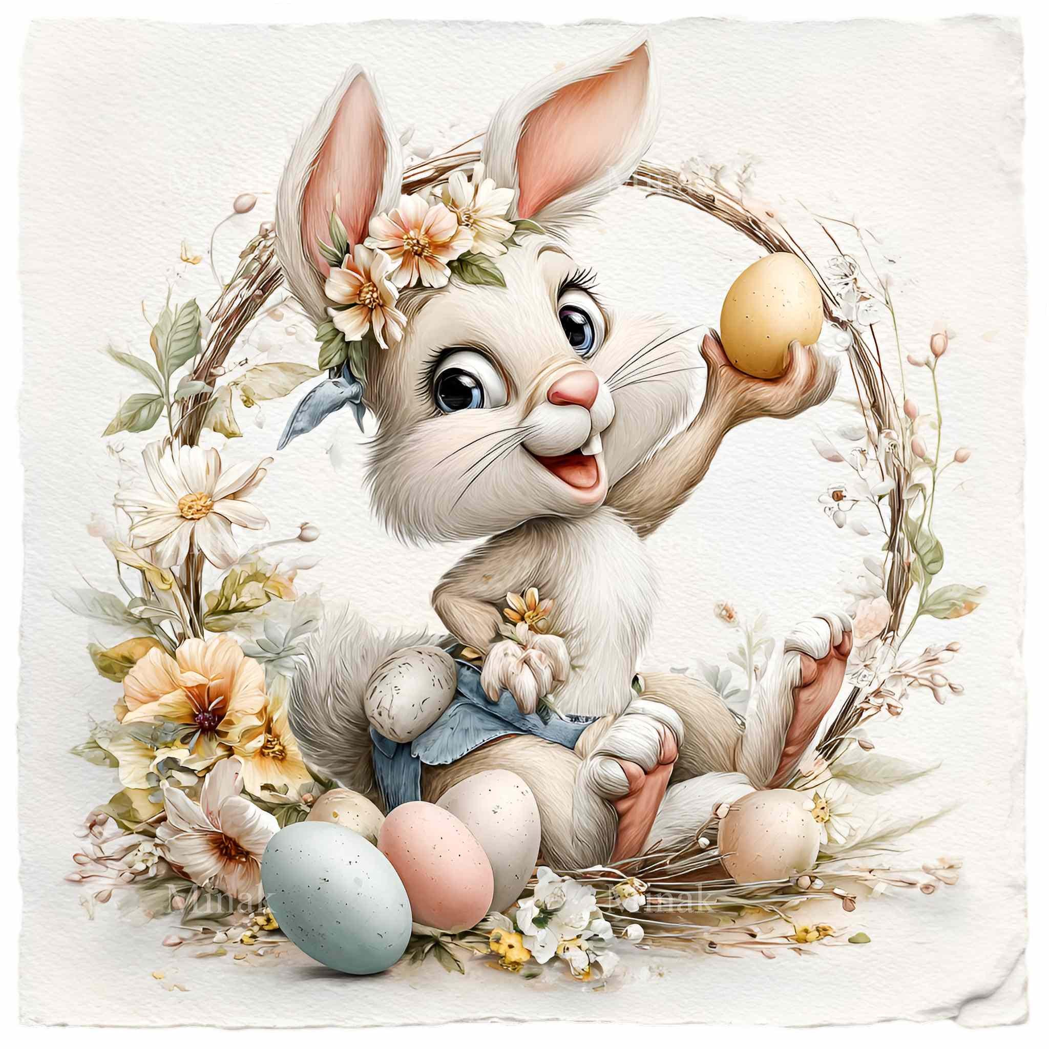 15 PNG Spring Bunny, Easter Rabbit Clipart With Eggs Floral Wreath ...