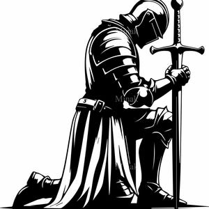 Può includere: Illustrazione in bianco e nero di un cavaliere inginocchiato, con la testa china e una spada. Il cavaliere indossa un'armatura completa, tra cui elmo, corazza e protezioni per le gambe. Tema medievale.
