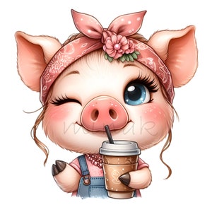 Pig Clipart PNG, Coffee Clip Art, 10 Watercolor Cute Piglet Farm Animal, Girl Bandana, Printable, Pastel Cute Baby Pig, DIY Card Making