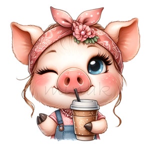 Schwein Clipart PNG, Kaffee Clip Art, 10 Aquarell niedlichen Ferkel Bauernhof Tier, Mädchen Bandana, bedruckbar, Pastell niedlichen Baby Schwein, DIY Karte machen