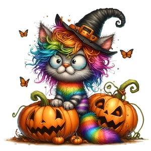 10 imágenes prediseñadas de gato de Halloween PNG, gato brujo arcoíris con calabazas, descarga digital de lindo animal espeluznante para sublimación