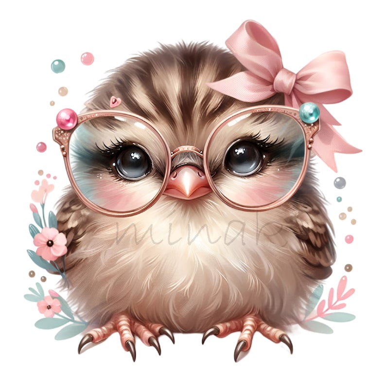 Bird with glasses clipart - Cute girly bird PNG illustration - Whimsical animal art for crafters, nursery prints, kids designs
