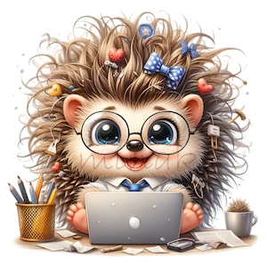 12 adorables cliparts PNG hérisson - hérisson mignon avec des lunettes, un ordinateur portable et des fournitures de bureau Art numérique pour travaux manuels