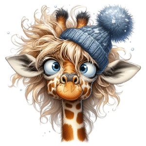 Cute Giraffe Winter Hat 12 PNG Christmas Quirky Animal Kids Cartoon illustration clipart, DIY Card Making