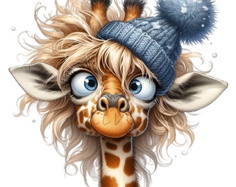 12 Bonnet girafe d'hiver Png, Chapeau bleu animal aux cheveux duveteux amusant