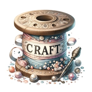 May include: A wooden spool of thread with a pink and blue ribbon wrapped around it. The spool is decorated with beads, buttons, and other embellishments. The word "CRAFT" is printed on the ribbon. The spool is surrounded by a scattering of beads and buttons.