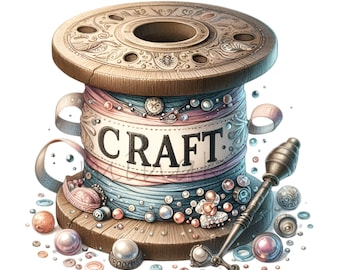 15 PNG ヴィンテージ クラフト スプール クリップアート - 手作りプロジェクト、刺繍デザイン、スクラップブッキング、昇華、DIY クラフト用の縫製糸 PNG