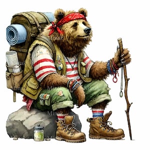 15 PNG - Clipart ours de camping - Randonnée animal de la forêt PNG - Graphique d'aventure pour enfants, tasses, art mural de chambre d'enfant, thème extérieur
