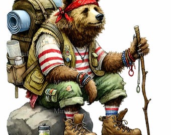 15 PNG Hiker Bear Clipart, Backpacking Camping Caravan Design