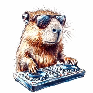 Puede incluir: Un capibara con gafas de sol está pinchando en una mesa de mezclas de color azul y plateado. La mesa de mezclas tiene botones, perillas y faders. El capybara tiene una expresión seria en su rostro.