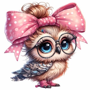 Eule Clipart - 12 süße Eule mit Brille und rosa Schleife Digital Art PNG für Kunsthandwerk & Sublimation