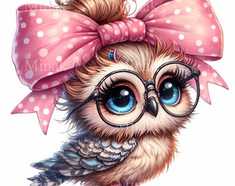 Owl Clipart - 12 Cute Owl with Glasses and Pink Bow Digital Art PNG for Crafts & Sublimation