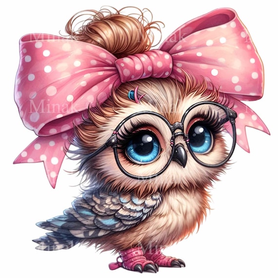 Owl Clipart - 12 Cute Owl with Glasses and Pink Bow Digital Art PNG for Crafts & Sublimation