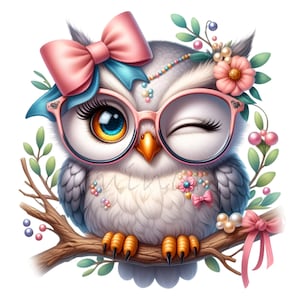 Cute Owl Clip Art, Baby Bird Give a Wink, 10 PNG Girl Glasses, Kids ...