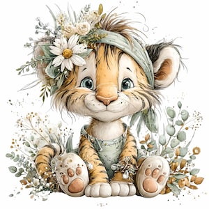 Puede incluir: Ilustraci&oacute;n en acuarela de un lindo cachorro de tigre con una corona floral y una bandana verde. El cachorro lleva un peto y est&aacute; sentado entre vegetaci&oacute;n. El tigre tiene rayas naranjas y marrones y grandes ojos azules.