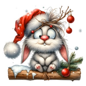 Christmas Bunny Clipart PNG, 15 adorabile coniglietto con cappello da Babbo Natale e ornamenti, perfetto per decorazioni natalizie e progetti digitali