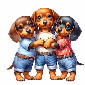 15 PNG Cartoon dachshund trio – cute puppy friends PNG – playful dog clipart for kids apparel & pet-themed designs