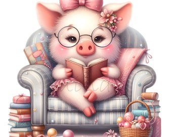 12 PNG Reading Pig Clipart, Bookworm Piglet Sublimation, Bibliophile Farm Animal